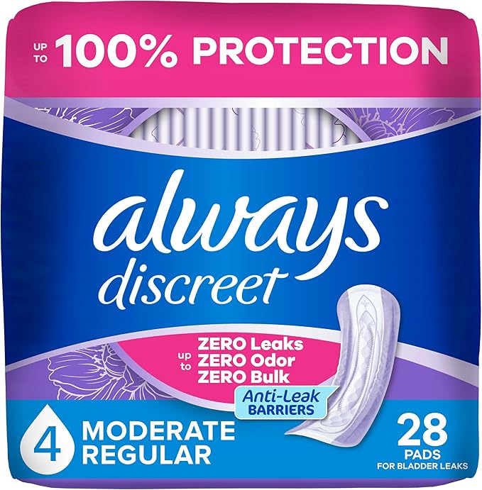 Always Discreet Adult Incontinence Pads for Women, Moderate Absorbency, Regular Length, Postpartum Pads, Up to 100% Bladder Leak Protection, 28 Count