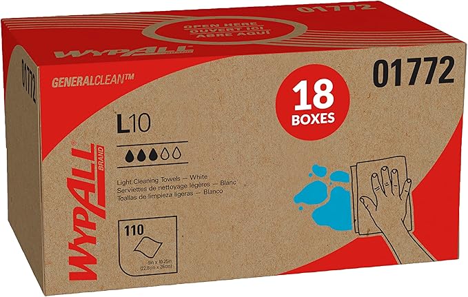 WypAll GeneralClean L10 Cloths Light Cleaning Wipes (01772), Pop-Up Box, Dairy Towels, Bulk Paper Wipers, White (18 Packs of 110 Sheets, 1,980 Sheet Total)