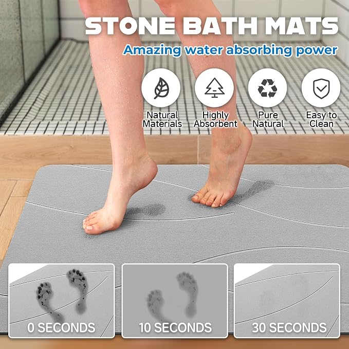 32"x20" Stone Bath Mat, Diatomaceous Earth Shower Mat, Non-Slip Super Absorbent Quick Drying Bathroom Floor Mat, Natural, Easy to Clean (Cloudy Gray)