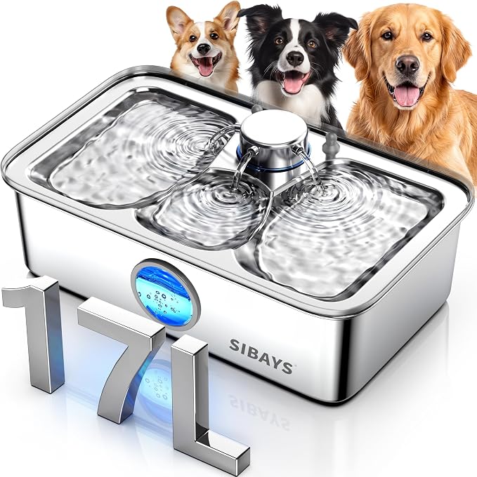 SIBAYS 4.5Gal/17L Dog Water Fountain, Large Capacity Stainless Steel Pet Water Fountain with Water Level LED Light, Ultra Quiet Dog Water Bowl Dispenser for Large Dogs & Multi-Pet, Easy to Clean FS83