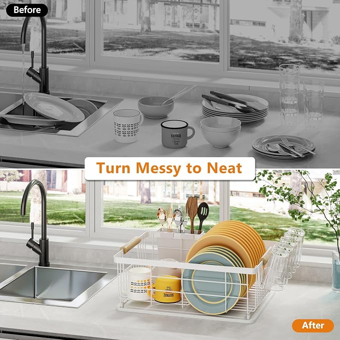 Dish Drying Rack White with Diatomaceous Earth No Installation Required | Space Saving with Cutlery Cups Holder