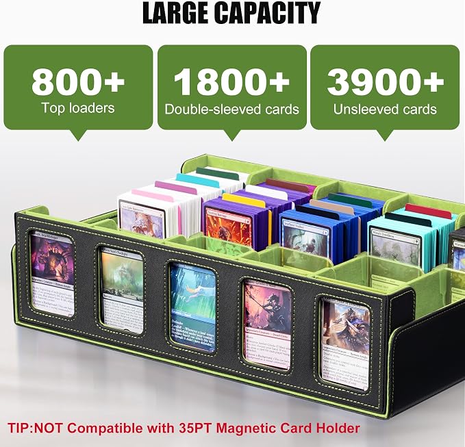 Kabinka Card Storage Box with Commander Display, 5-Row Deck Case with Removable Lid; 3900+ Card Deck Box for MTG Sports Cards, 5 Top Loaders, 5 Stoppers, 48 Dividers,1 Dice Tray (Black & Lemon Green)
