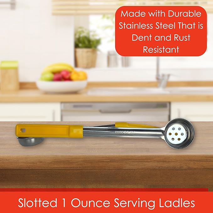 1 oz Slotted Stainless Steel Portion Control Ladle Spoon | Commercial-Grade Spoodle for Portioning & Draining - Pasta, Veggies & Buffet Service. Color-Coded by Size. Dishwasher Safe.
