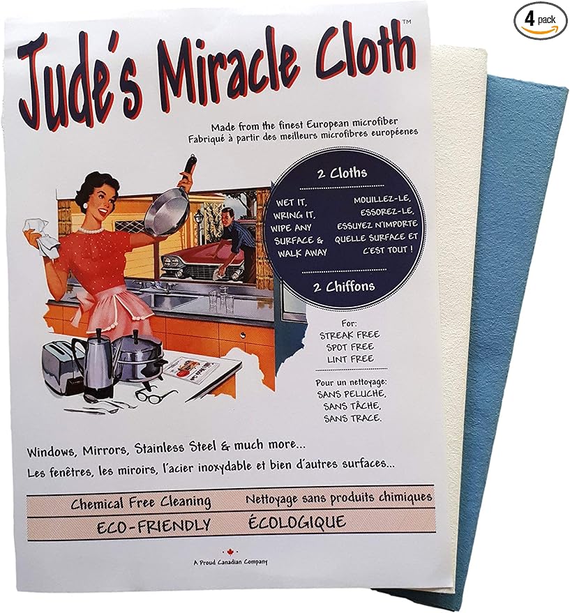 Jude's Miracle Cloth Microfiber Cleaning Cloth 4 Pack for Windows Mirrors Crystal Eye Glasses TV Computer Screen Countertops Cars & Boats Chemical Free (2 White 2 Blue)