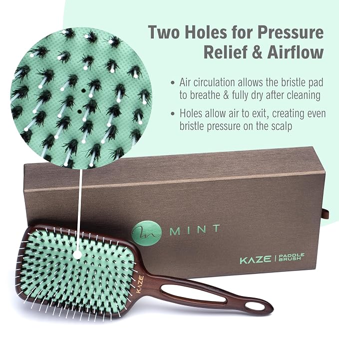 Eco-Friendly Boar Bristle Paddle Hair Brush for Women by MINT | Anti-Breakage Detangling Brush Great for Color-Treated Hair, Extensions and All Hair Types | Hand-Crafted Wooden Handle