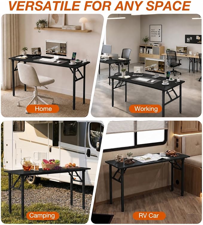 XBurmo Small Folding Desk Folding Table, No Assembly Foldable Desk Gaming Desk, 55.1-Inch Computer Table Workstation with 2 AC Outlets and 2 USB Ports for Bedroom and Home Office, Dark Oak
