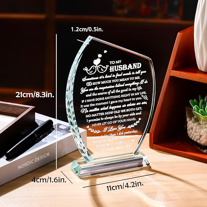 QIANWEI Fathers Day Unique Gifts for Husband from Wife Romantic Glass Plaque, Best Husband Birthday Gifts Wedding Anniversary To My Husband Present for Christmas Valentines Day