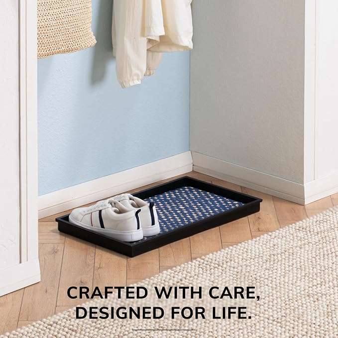 Anji Mountain Heavy Duty Waterproof Rubber Shoe Storage Mat Organizer/Boot Storage Tray Multi Use For Entryway with Coir, Blue and Ivory Insert, Fits 2 Pair (24.5" Wide)