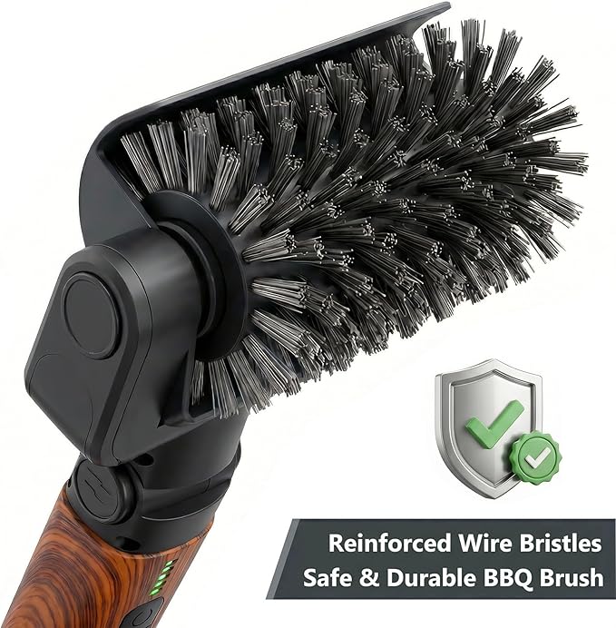 Electric Grill Brush 3-in-1 Kit – Cordless BBQ Cleaner with Reinforced Safe Metal Bristles – 2 Hours Runtime, Waterproof & Dishwasher Safe Removable Brushes for Deep Cleaning (Red Wood Coating)