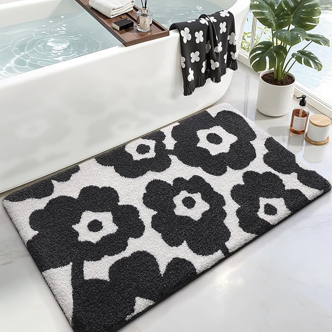 LUMI Bathroom Rugs Cute Floral Design, Soft Absorbent Microfiber Bath Mat Non-Slip, Machine Washable Quick Dry Luxury Rug Flower Black and White for Floor, Bathtub, Home Decor, 24"x43"
