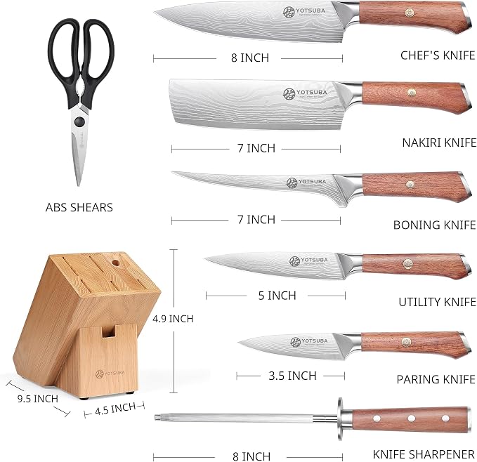 YOTSUBA 8PCS Japanese Style Natural Rosewood Knife Set with Block | High Carbon Stainless Steel, Ultra Sharp, Full Tang Construction, Poke-Proof Construction, Ergonomic Kitchen Knives