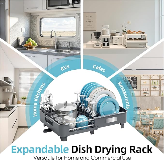 TOOLF Extendable Dish Drying Rack for Small Kitchen Counter, Gray | 12.8-20.35 in, Unique Stainless Steel Design, Auto-Drainage, Perfect for Small Kitchens & Busy Kitchens
