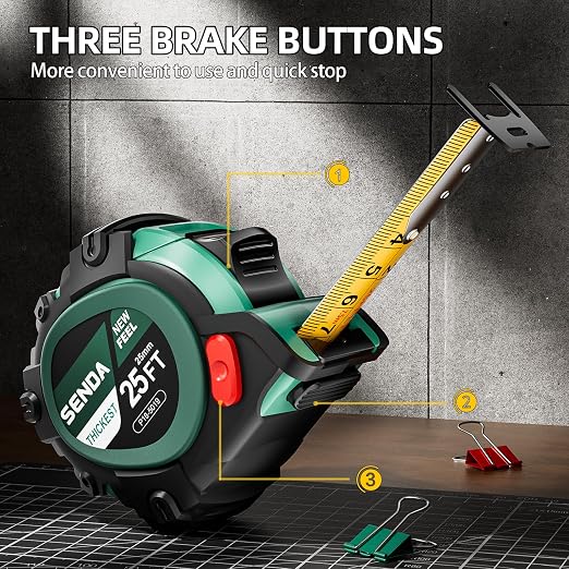 SENDA 4 Pack Tape Measure 25Ft - Heavy Duty Tape Measure with 25mm Wide with Three Stops, High Precision Measuring Tape Retractable Measuring Tape, Rubber for Comfortable Grip, Fraction Markings