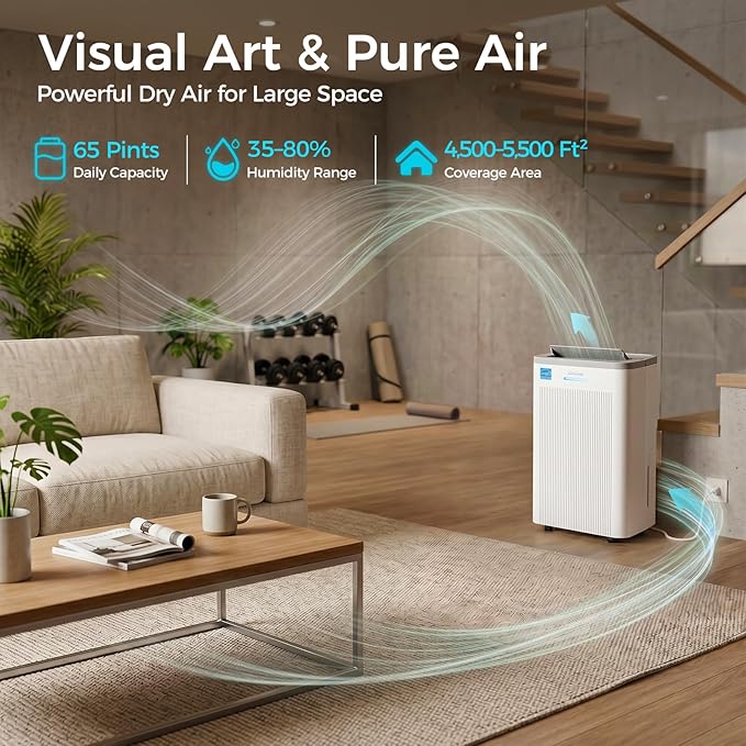 4500 Sq.Ft Most Efficient Energy Star 2025 Dehumidifier for Basement, Max 65 Pint Smart Dehumidifier with WiFi Intelligent Humidity Control,Air Purifier HEPA Filter for Home,Garage,RV