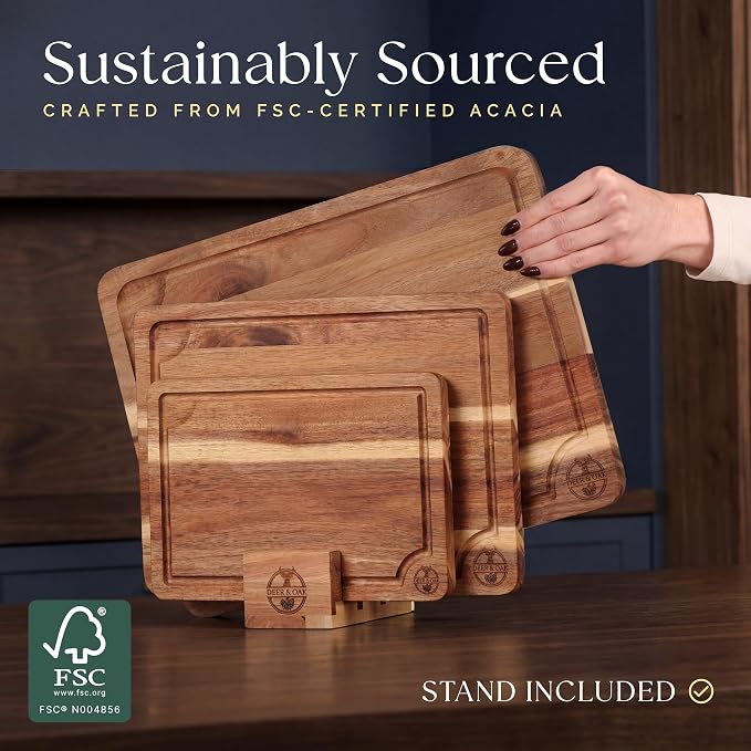 Pre-Oiled, Non Toxic 3-Piece Acacia Cutting Board Set with Stand | 15.7 x 11.8 in, 13 x 9.4 in, 10.2 x 7.1 in · FSC certified · Includes 3.4 fl oz oil · Deer & Oak
