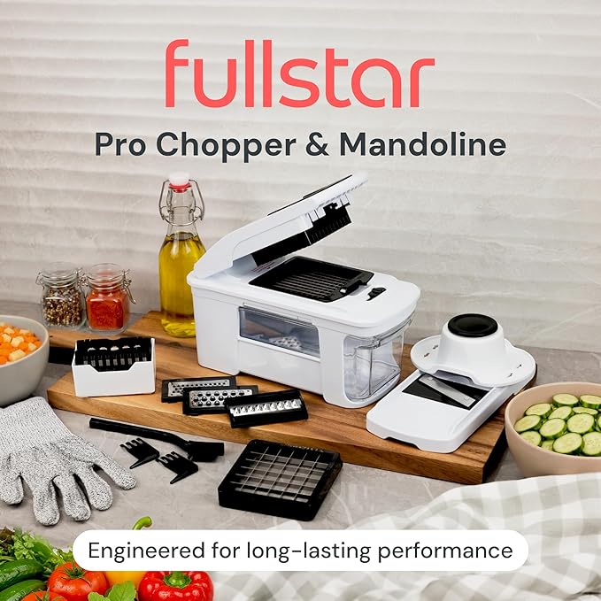 Fullstar XL Vegetable Chopper & Mandoline Slicer – Vegetable, Onion, Potato, Food, Veggie & Fruit Slicer, Dicer & Spiralizer with Pull-Out Catch Tray, Kitchen Gadgets & Gifts (8 in 1, Black/White)