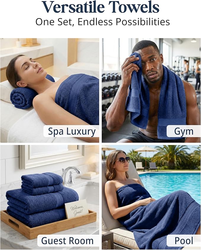 LANE LINEN Bath Towel Set Absorbent Quick Dry 100% Cotton 6 Piece - Navy | Cotton Towels For Bathroom - OEKO-TEX Certified, Ring-Spun Durability, Ring-Spun Cotton, Terry Weave Comfort
