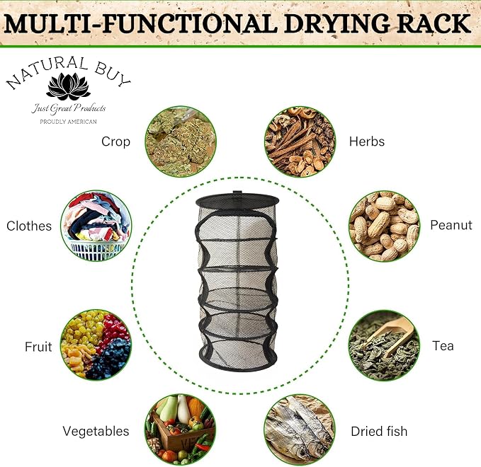 9 Inch 5 Level Micro Hanging Dry Net Indoor/Closet Drying Rack for Herbs, Plants, Organizer, Freshner - Black Mash Screen with Top-to-Bottom Zipper - Apartment Size with Zipped Storage Pouch