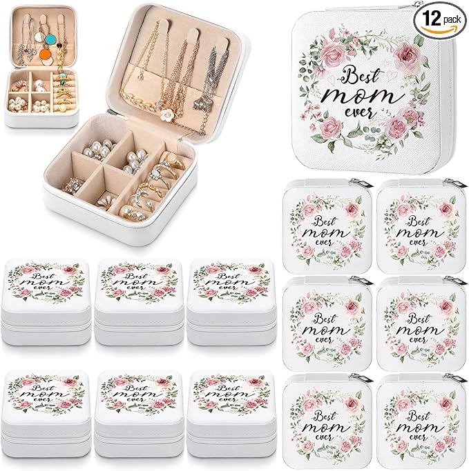 Kacctyen 12 Pieces Best Mom Ever Mini Travel Jewelry Case Bulk Mother's Day Church Gifts Watercolor Flowers Women Party Favor Gift for Secretary Girls Leather Travel Jewelry Case
