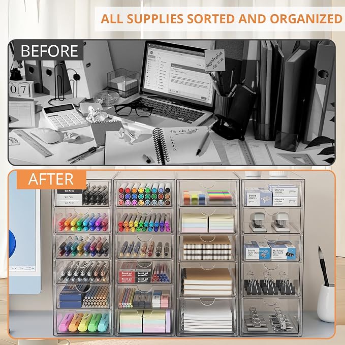 Makeup Drawer Storage Organizer with 22 Drawers, 4 Set Acrylic Office Desk Organization and Storage, Dustproof Drawer Organizer for Makeup, Office, Countertop, Jewelry, Pen, Desktop, Bathroom, Bedroom