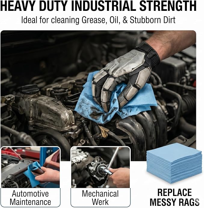 4 Rolls Industrial Cleaning Wipes Jumbo Roll, Heavy Duty Lint Free Shop Towels, Super Absorbent Reusable Cleaning Cloths for Garage Workshop Automotive, 500 Sheets 12"x 10" (Blue, 10"X12")