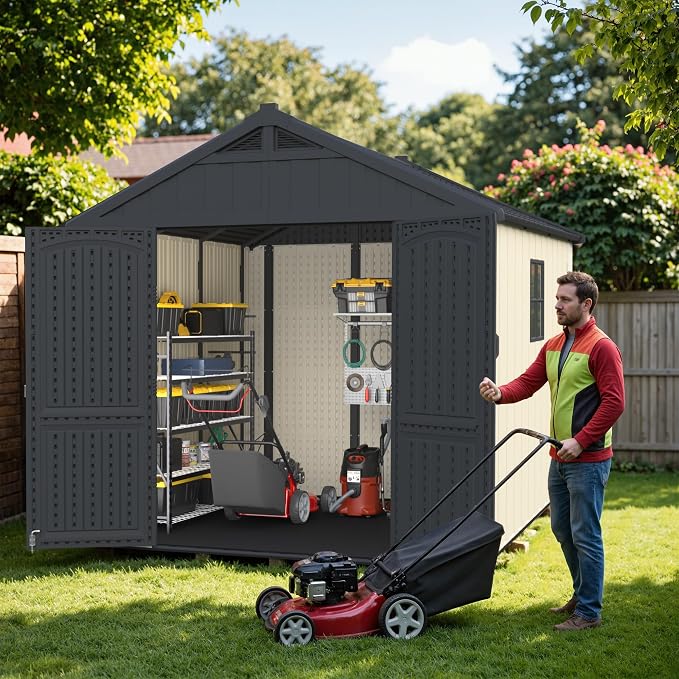 Greesum 8x8FT Plastic Shed, Easy-to-Assemble Resin Shed for Yard, Beige | 35% Fewer Screws for Fast Setup | Eco-Friendly HDPE | Kick-it Easy Assembly | Lockable Door with Adjustable Windows