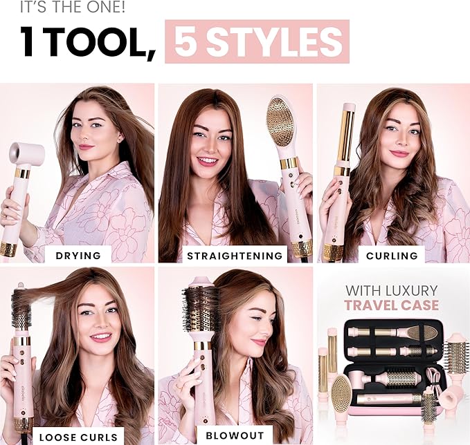 ELLA BELLA® 6 in 1 Professional Hot Air Styler • Powerful Hair Dryer & Straightener Set • Styling Without Heat Damage • Fast Drying Curling Volumizing Straightening • Includes Protective Travel Case