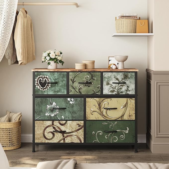 Sweetcrispy 7 Drawer Dresser, Fabric Storage Tower Organizer for Bedroom, Closet, Hallway, Entryway, Tall Chest of Drawers with Steel Frame, Wood Top, Large Storage, Floral Painted