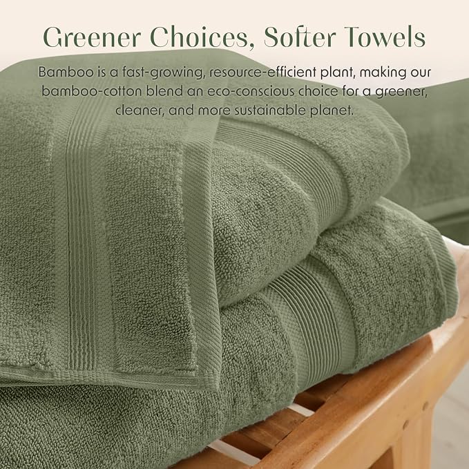 Luxury Bamboo Rayon Oversized Bath Towel Set | 2-Pack | Ultra Soft | Green | 35% Bamboo Rayon - 65% Zero Twist Cotton | Absorbent Quick-Dry Towels for Bathroom | Ultra Soft | OEKO-TEX Standard 100