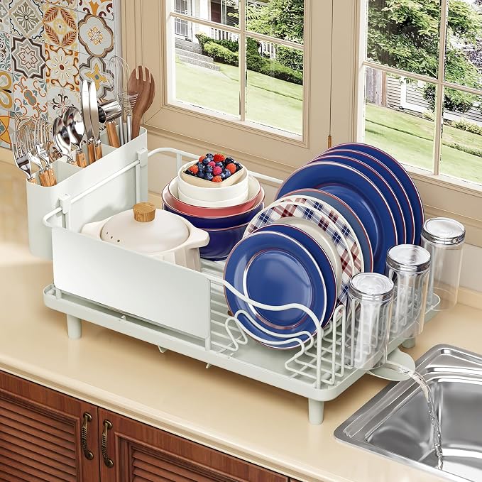 KINGRACK Dish Drying Rack for Kitchen Counter, Dish Drainer with Cup Holder | 16.9"L x 12.4" W Dish Rack with Spacious Drying Capacity, Quick Auto Dish Drainer for Plate Dish Dinnerware, Pale Green