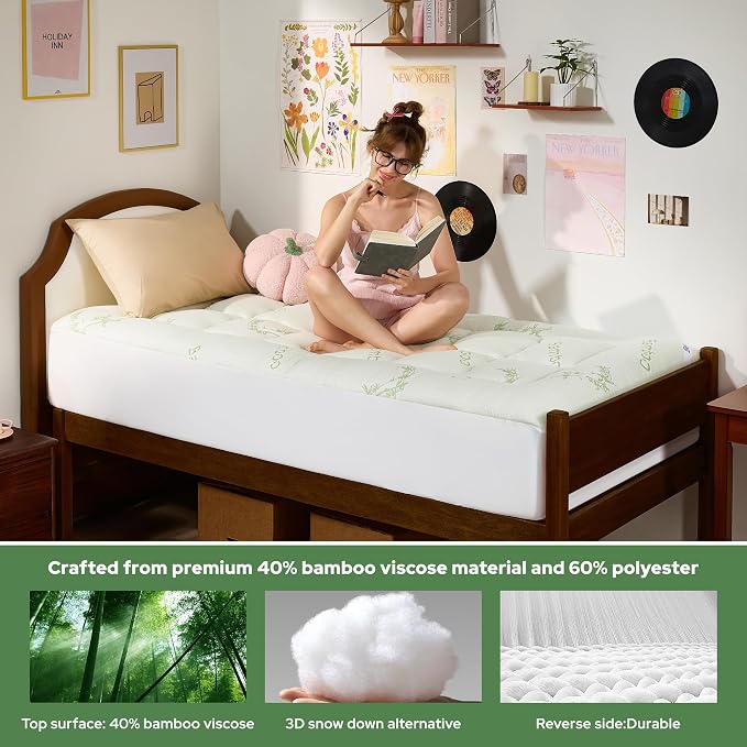BEDLORE Twin XL Mattress Topper Viscose Derived from Bamboo, Thick Pillow Top Mattress Pad with Deep Pockets for 6-15 inches Mattress, Soft Mattress Topper College Dorm Size for Back Pain