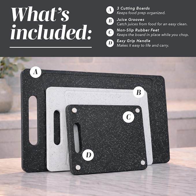 COOK WITH COLOR Non-Slip Cutting Board Set – Kitchen Essentials with Easy Grip Handle for Meat, Veggies, and Fruits, 3 Cutting Boards, Black/White