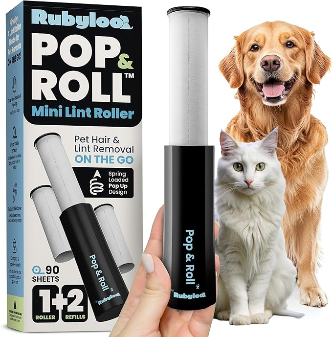 Rubyloo Mini Lint Roller Bundle Travel Size Pet Hair Remover with Retractable Cover & Dog Backpack for Supplies with Bowls Food Container for Hiking Trips Essentials
