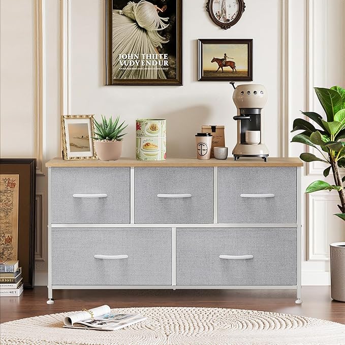 5-Drawer Dresser for Bedroom, Anti-Tip Wide Storage Organizer Fabric Chest of Drawers TV Stand for 45" TV with Wooden Top and Metal Frame for Closet, Living Room, Hallway, Entryway, Light Gray