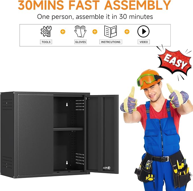 Metal Garage Wall Cabinet with 2 Doors and 1 Adjustable Shelf,Lockable Floating Tool Cabinet with Pegboard,Black Steel Storage Cabinet for Kitchen,Office,Garage,Laundry,Warehouse(Black, 26" H)