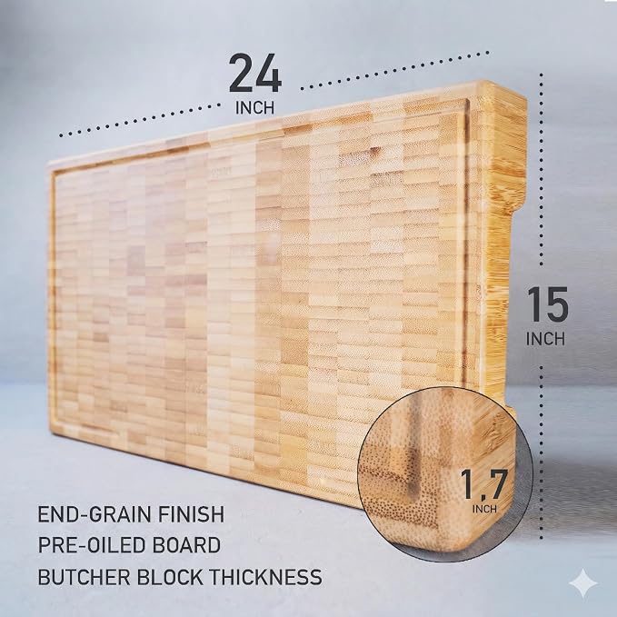 XXL Bamboo Cutting Board, End Grain Butcher Block for Kitchen, Extra Thick | 25 x 15 Inch (Extra Thick 1.7") Professional, Heavy Duty Hardwood Non Toxic Wooden Chopping Board (Oil & Plate Included)