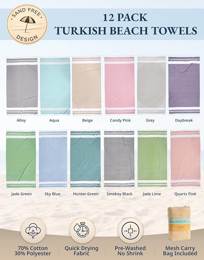 LANE LINEN Turkish Beach Towels 12 Pcs, Super Absorbent - Dazzling Dozen | Oversized Beach Towel - Lightweight Beach Essentials for Women - Large Pool Towel, Absorbent & Quick Dry, 39"x71", Sand Free