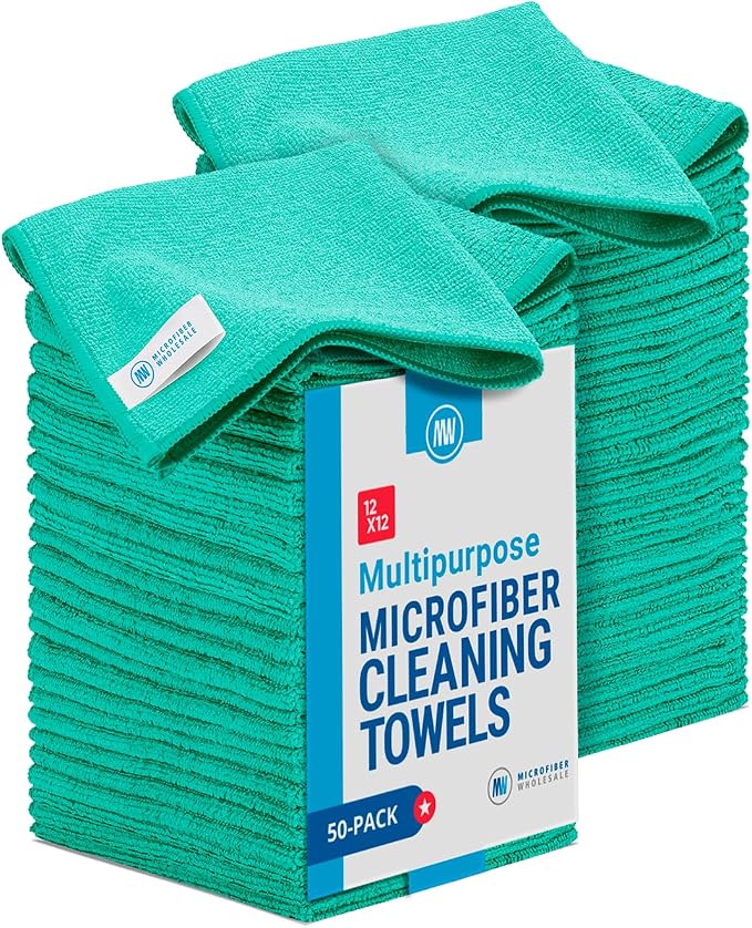 Microfiber Wholesale 12" x 12" Cleaning Cloths (50 Pack) - Reusable Towels, Wash Rags, Dust Cloth, All-Purpose: Kitchen, Dish, Cars, Shop, Glass (Green)