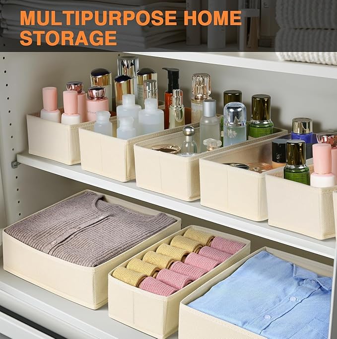 DIMJ Drawer Organizer Clothes, 15 Pack Dresser Organizer, Foldable Closet Organizers and Storage, Fabric Dresser Bins, Drawer Dividers for Nursery, Baby Clothes, Underwears, Sock (Beige)
