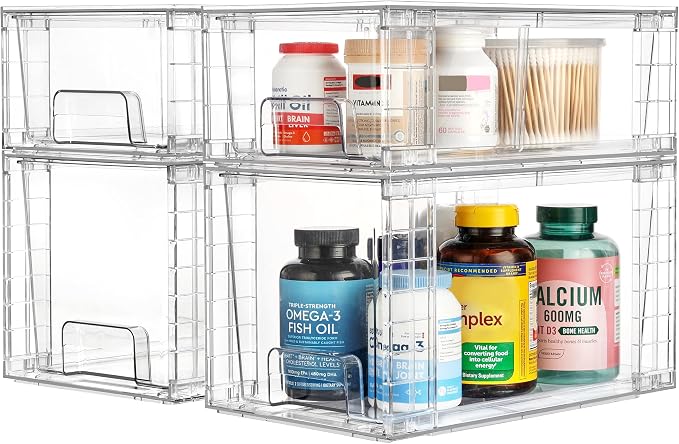 Vtopmart 6 Pack Clear Stackable Storage Drawers,Easy to Assemble Bathroom Organizers and Storage with handles,Plastic Drawers for Kitchen Pantry,Cabinet,Under Sink Organization
