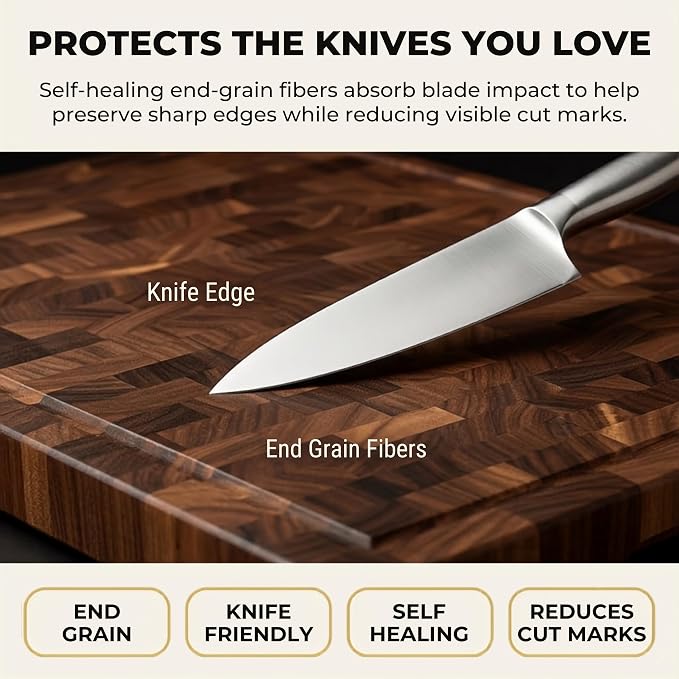 SHUMARU XXXL End Grain Cutting Board 24 x 18 x 2 Inch Thick, Premium Exotic Heartwood Butcher Block, Knife-Friendly Wood Chopping Block with Juice Groove, Non-Slip Feet & Side Handles