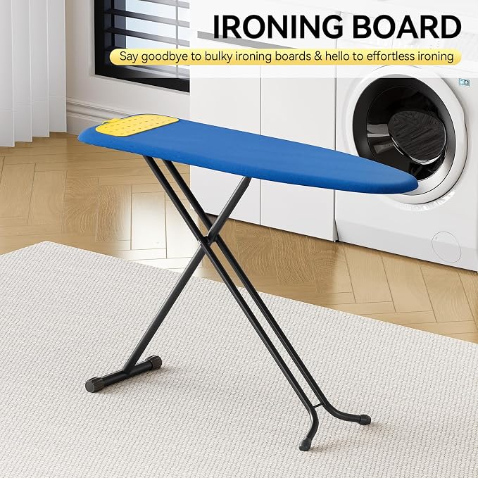 Ironing Board Full Size, Iron Board with Silicon Rest, Foldable Ironing Boards Standard Size, Heavy Duty Iron Stand Boads, Ironing Table with 7 Height Adjustable Anti-Slip Feet, 13x43 Blue