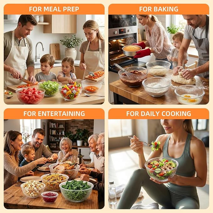 Glass Mixing Bowls with Lids Set - 5 Packs, Borosilicate Nesting Glass Bowls (3.7-2.1-1-0.5-0.2QT) for Baking, Salad, Meal Prep, Serving, Food Storage, BPA Free & Dishwasher Safe