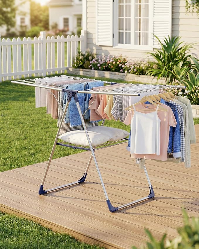 Sakugi Clothes Drying Rack with Height-Adjustable Wings, Metal Foldable Laundry Dryer Stand for Clothing & Bedding, Free-Standing Collapsible for Indoor & Outdoor Use, 55.5" L × 22.8" W, Silver Blue