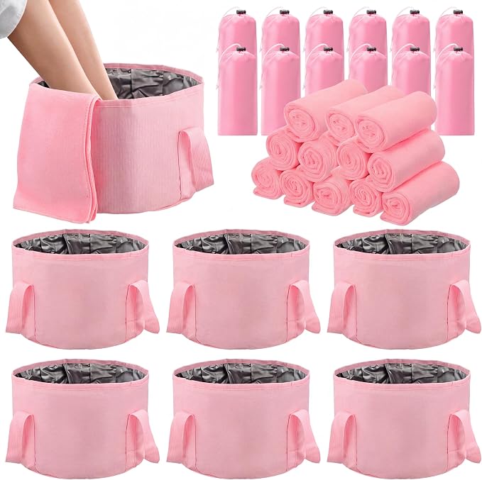 FillTouch 12 Set/ 24 Pcs 15L Foldable Foot Soaking Tub Kit Portable Foot Bath Tub for Soaking Feet with Towel and Storage Bag Soak Spa Bucket for Travel Camping (Pink)