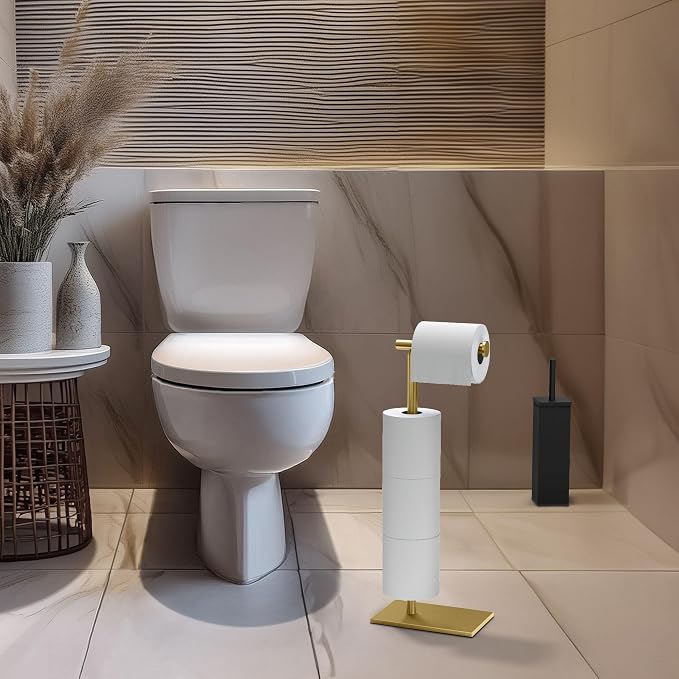 Gatco 1443B, Modern Rectangle Base Freestanding Toilet Paper Holder with Storage, 21.13”H, Brushed Brass