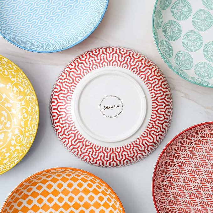 Selamica Ceramic Pasta Bowls Set 34 OZ, Large Salad & Dinner Bowls 8.6 Inch, Wide Shallow & Deep Plates for Pasta Soup, Microwave & Dishwasher Safe, Set of 6, Assorted Colors