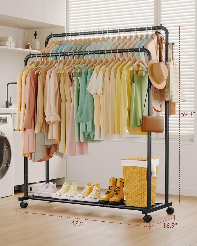 Sakugi Clothes Rack - Double Rods Clothing Rack with Mesh Shelf, Hooks & Wheels, Metal Clothing Racks for Hanging Clothes & Bags, Multifunctional Garment Rack for Laundry, Black, 47.2" x 16.9" x 59.1"