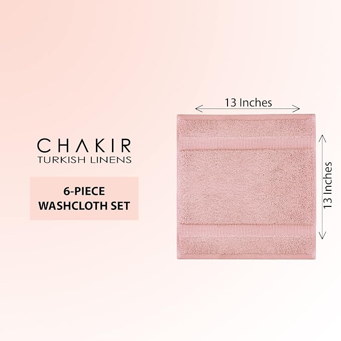 Chakir Turkish Linens 6 Piece Washcloth Set, 100% Cotton Turkish Washcloths for Bathroom, Luxury Soft Absorbent Face Towels, 13 x 13 Inches, Pink