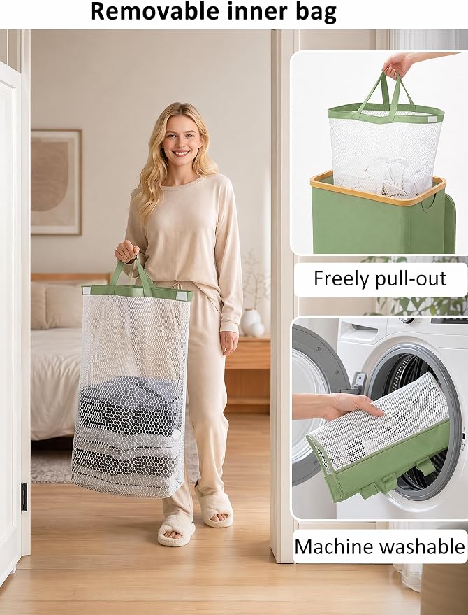 iEGrow Laundry Basket with Lid, 110L Large Laundry Hamper with Banboo Handle, Dirty Clothes Hamper with Removable Inner Bag for Laundry Room Organization- Green